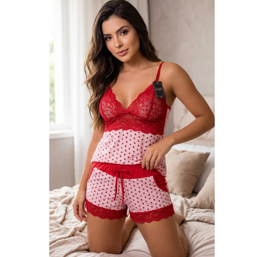 Short Doll Feminino Liganete Sexy Bolsos Laterais Rosa/Vinho Conjunto Pijama Sensual Short e Blusa Confortável Noite