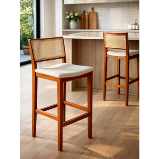 Banqueta para Balcão Madeira Maciça Encosto telinha  e Estofado em Linho ou Corino em Oferta na Shopee