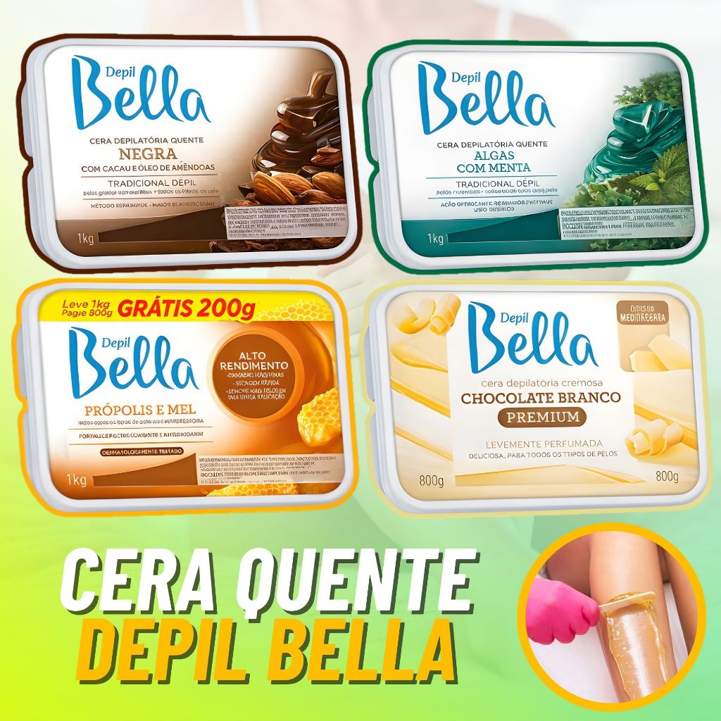 Cera Depilatória Depil Bella Cera Quente 1kg Cera em Barra Propolis e Mel Negra Chocolate Branco Algas Com Menta
