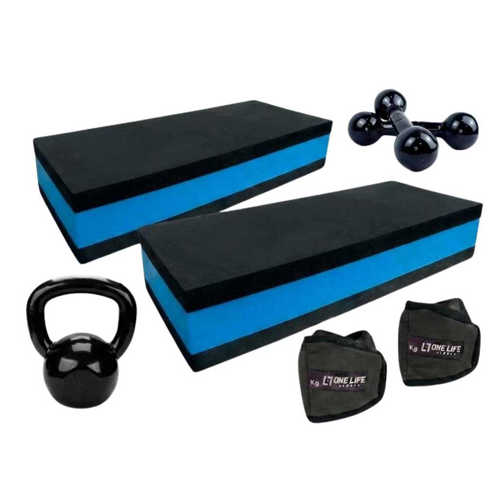 Kit Atividade Física | 2 Step + Halter 2kg + Caneleira 3kg Kettlebell 4kg | One Life Sports®