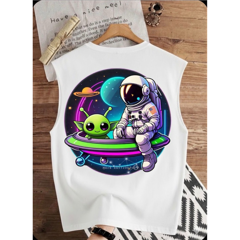 camiseta regata cavada estampada astronauta e ET no espaço tecido algodão prêmio camiseta unissex para o dia a dia verão
