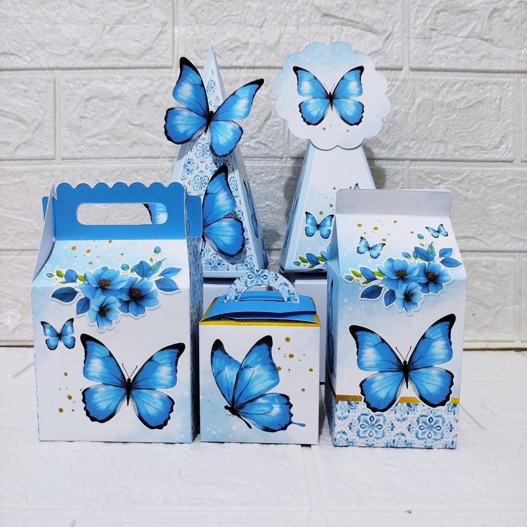 20 caixinhas - tema Borboleta Azul - embalagens  e lembrancinhas temáticas para aniversário em Oferta na Shopee