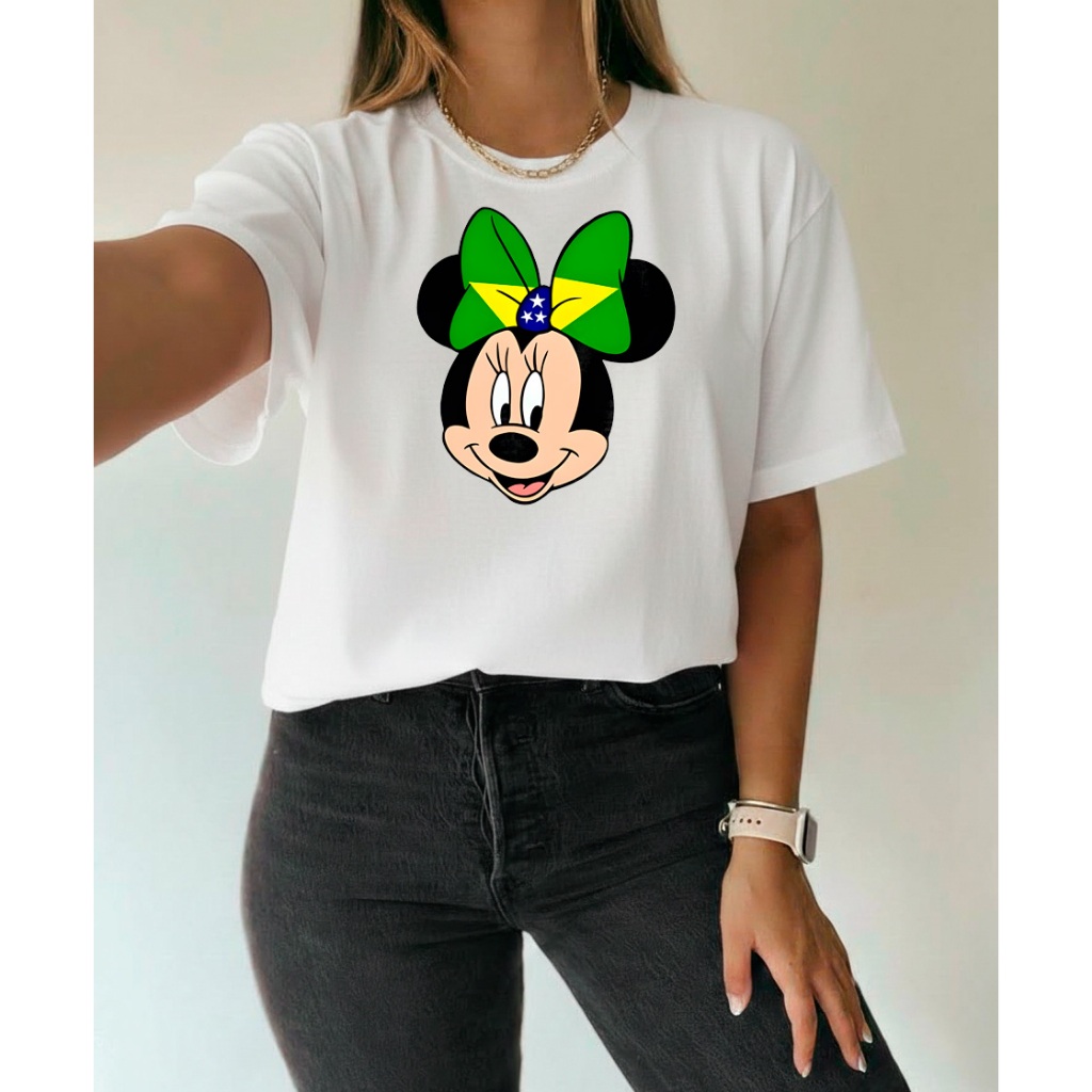 Camiseta Feminina Brasil 100% Algodão Estampa Minnie Laço Verde Amarelo Super Confortável