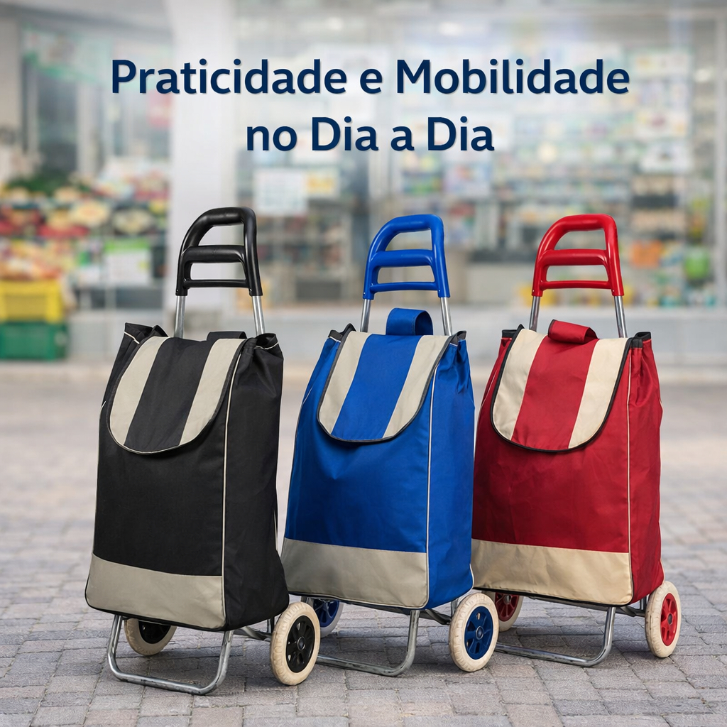 Carrinho de Compras Dobrável com Bolsa e Bolso Externo Cor Sortida Portátil Feira Supermercado