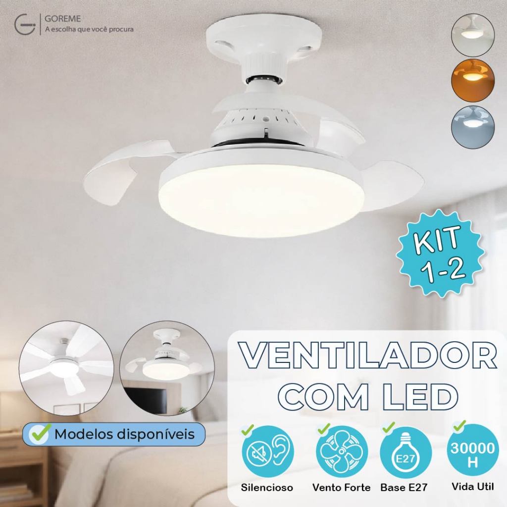Ventilador de Teto Retrátil Lâmpada 3 Cores Silencioso 60W ou 100W Pás Design Sofisticado Bivolt em Oferta na Shopee