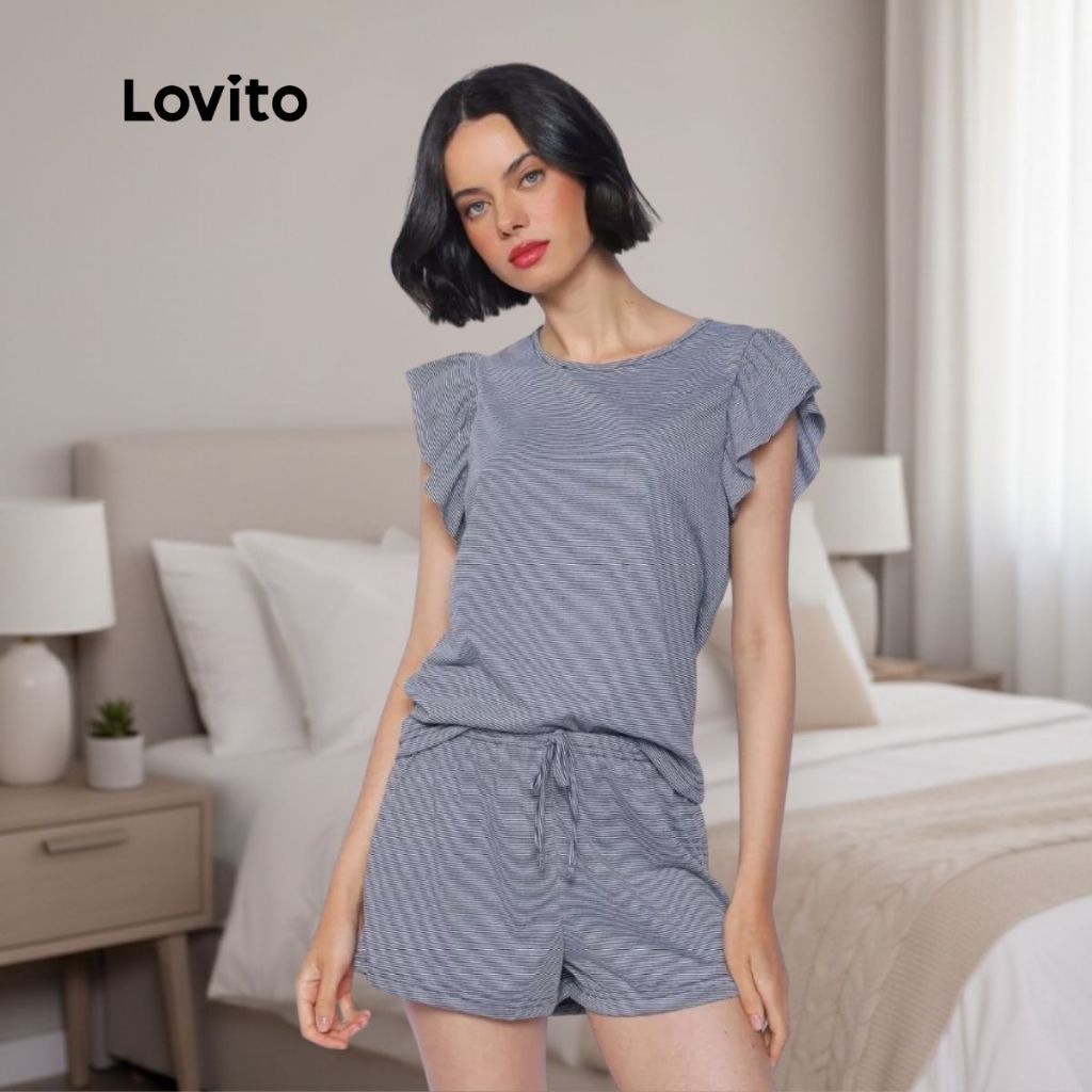 Lovito Pijama Feminino Camiseta com Detalhe Manga Babados e Shorts Estampa Listrado  LB1418BRL1448 em Oferta na Shopee
