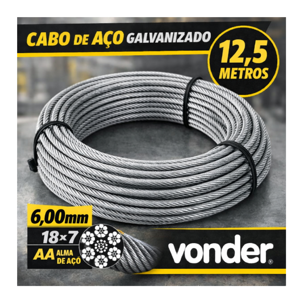 Cabo De Aço 6mm C/12,5 Mts P/ Guincho / Talha Elétrica 500/1000kg CSM Menegotti Lynus Motomil Vonder