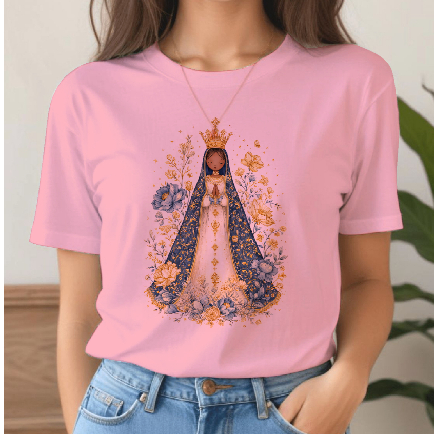 blusa t shirt feminina nossa senhora aparecida rosas douradas DESENHO, camiseta católica  santa virgem maria plus size em Oferta na Shopee