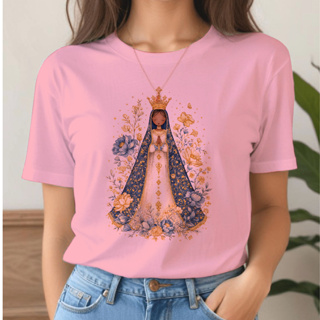 blusa t shirt feminina nossa senhora aparecida rosas douradas DESENHO, camiseta católica  santa virgem maria plus size em Oferta na Shopee