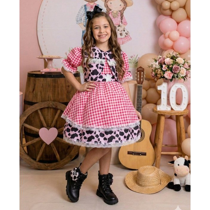 Vestido Luxo Rosa Pink Xadrez Vaquinha Vaqueira Boiadeira Fazendinha Junino Junina Colete Moda Festa Aniversario Luxinho