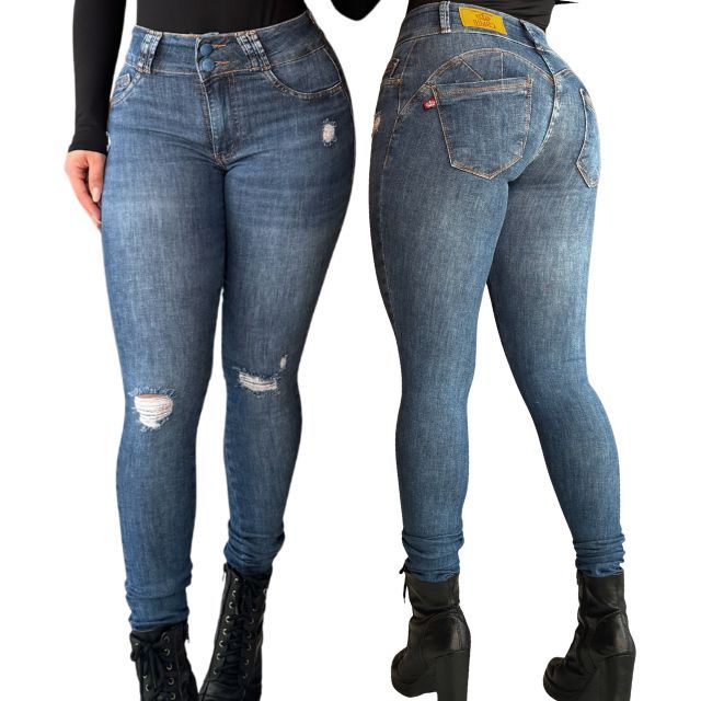 Calça Jeans Feminina Cintura Média Skinny Pala Coração Rasgada Dois Botões em Oferta na Shopee