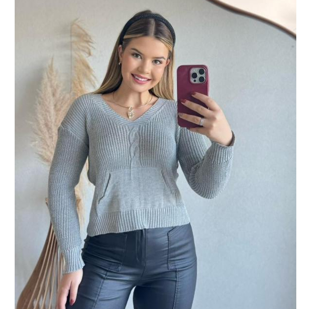 Suéter Blusa trança com bolso em tricot manga comprida VANESSA inverno tricô moda feminina blogueira