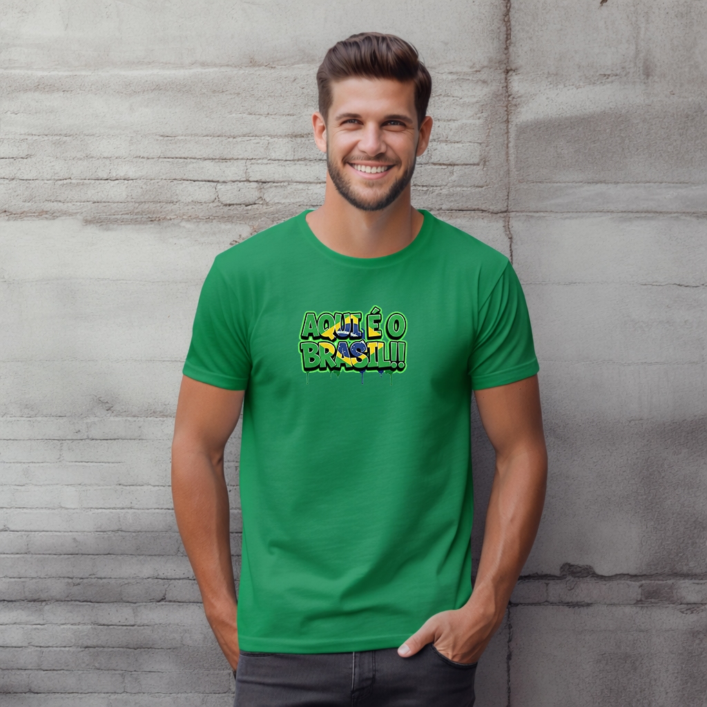 Camiseta Masculina Estampada Brasil Copa do Mundo Futebol Aqui é o Brasil 100% Algodão