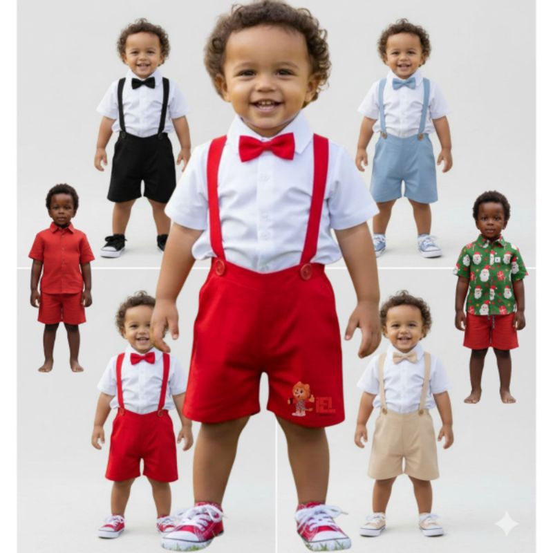 Conjunto social infantil roupa batizado menino com suspensório para festas, casamento, fotos, pajem, bebê.