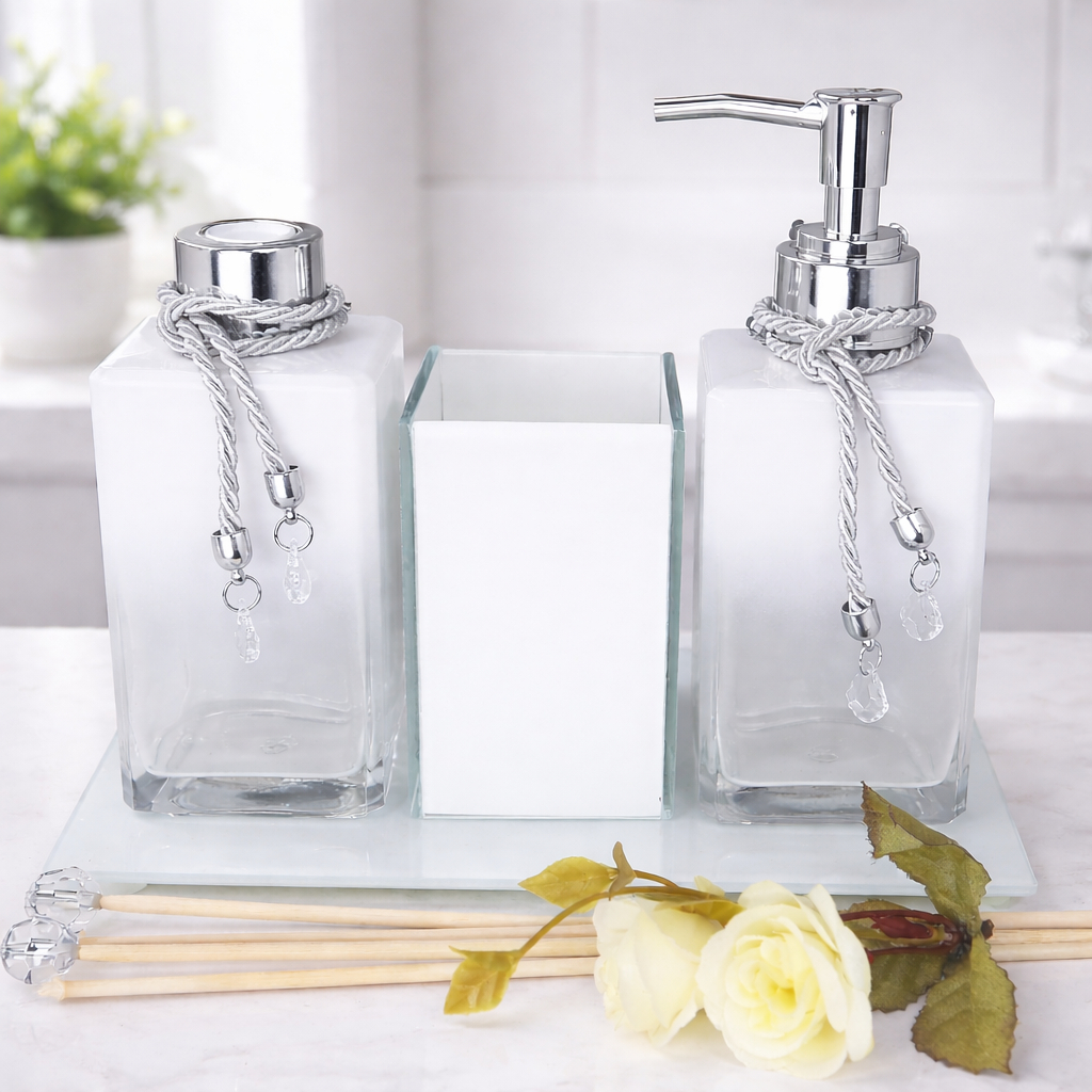 Kit Lavabo Branco Degradê Rose Gold Luxo Difusor Porta Sabonete Bandeja Vidro