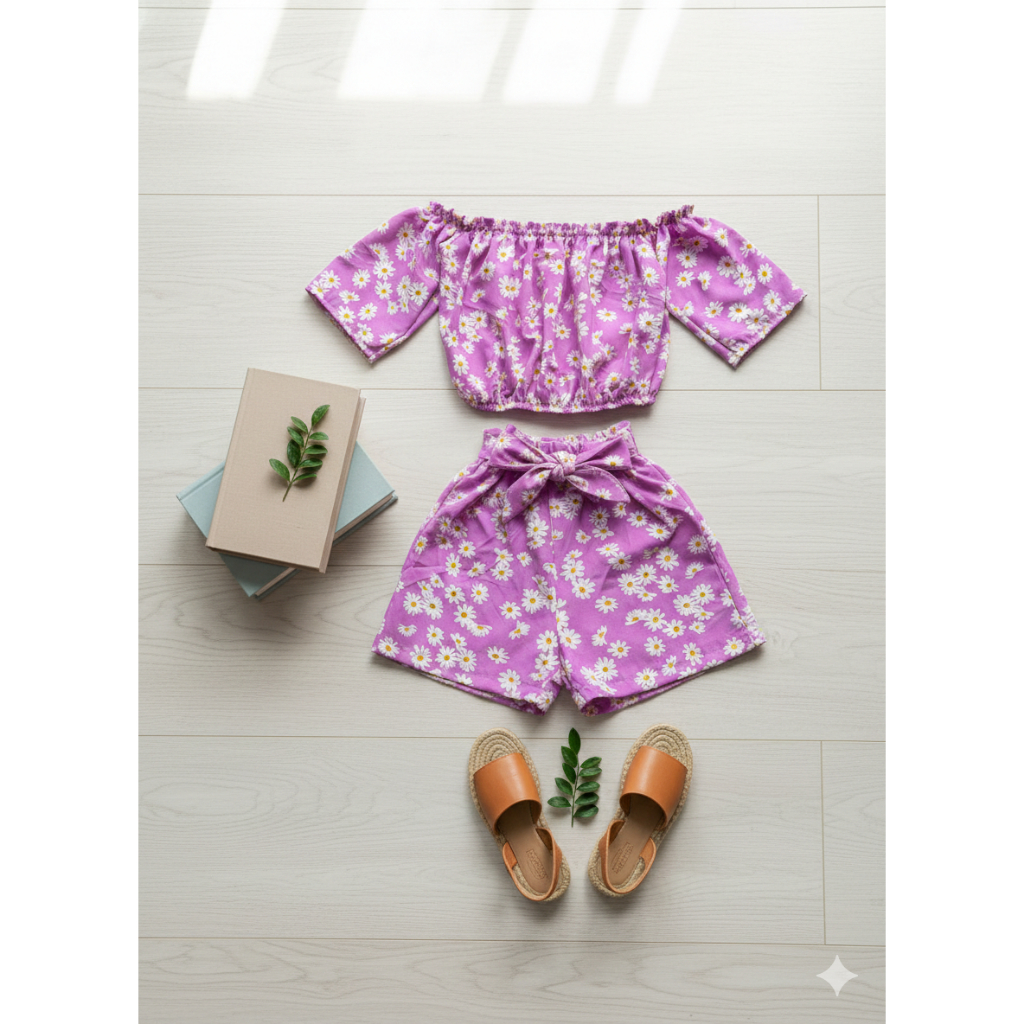Conjunto Infantil Juvenil Crepinho Estampado Blusa Cropped Elástico Shorts Clochard Meninas CJI040 PoaTrend Fashion Styl