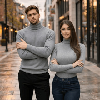 Cacharrel Unissex de Frio Gola Alta em Ribana Manga Longa Modelagem Justa Casual Outono Inverno