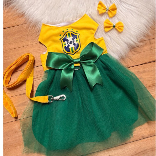 vestido pet time + laço e guia