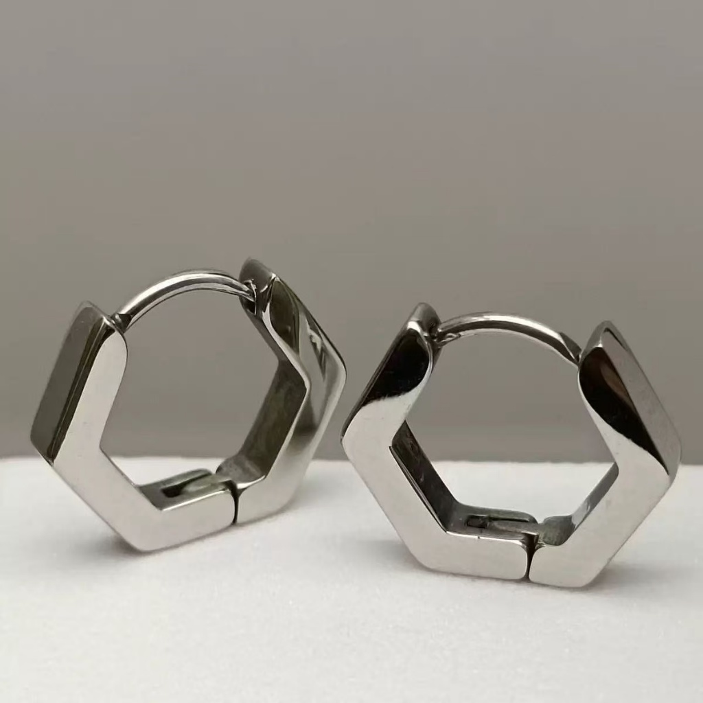 Par De Brincos Hexágono Argola Aço Cirúrgico Prata Masculino Feminino Brincos da Moda