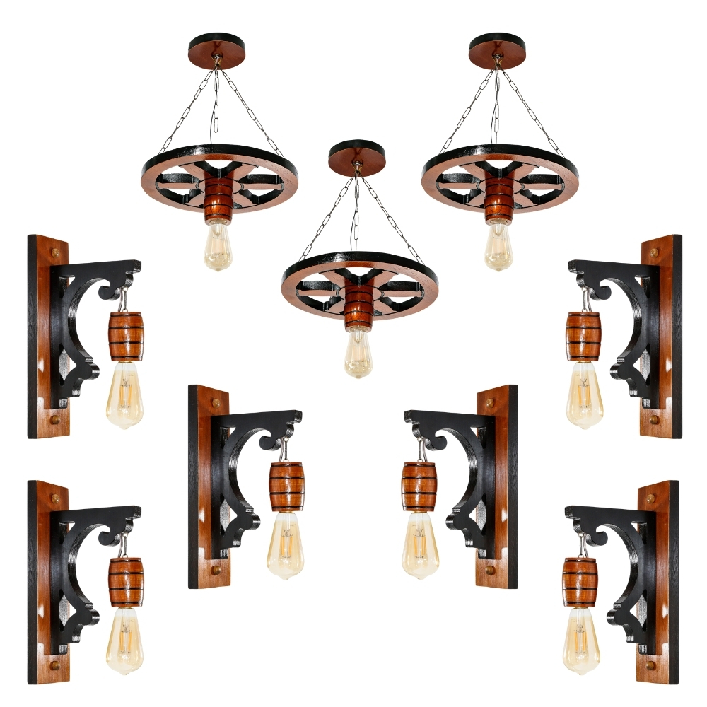 Kit 9 Luminárias Pendente Roda de Carroça e Luminárias Arandela Clássica Para Decoração - Mogno