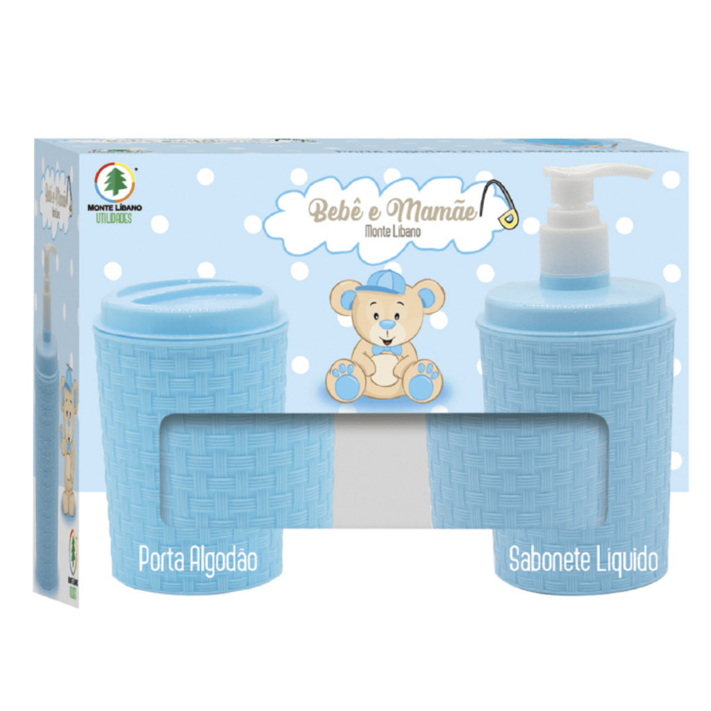 Kit Higiene Bebê & Mamãe Azul Porta Algodão + Porta Sabonete Líquido Original