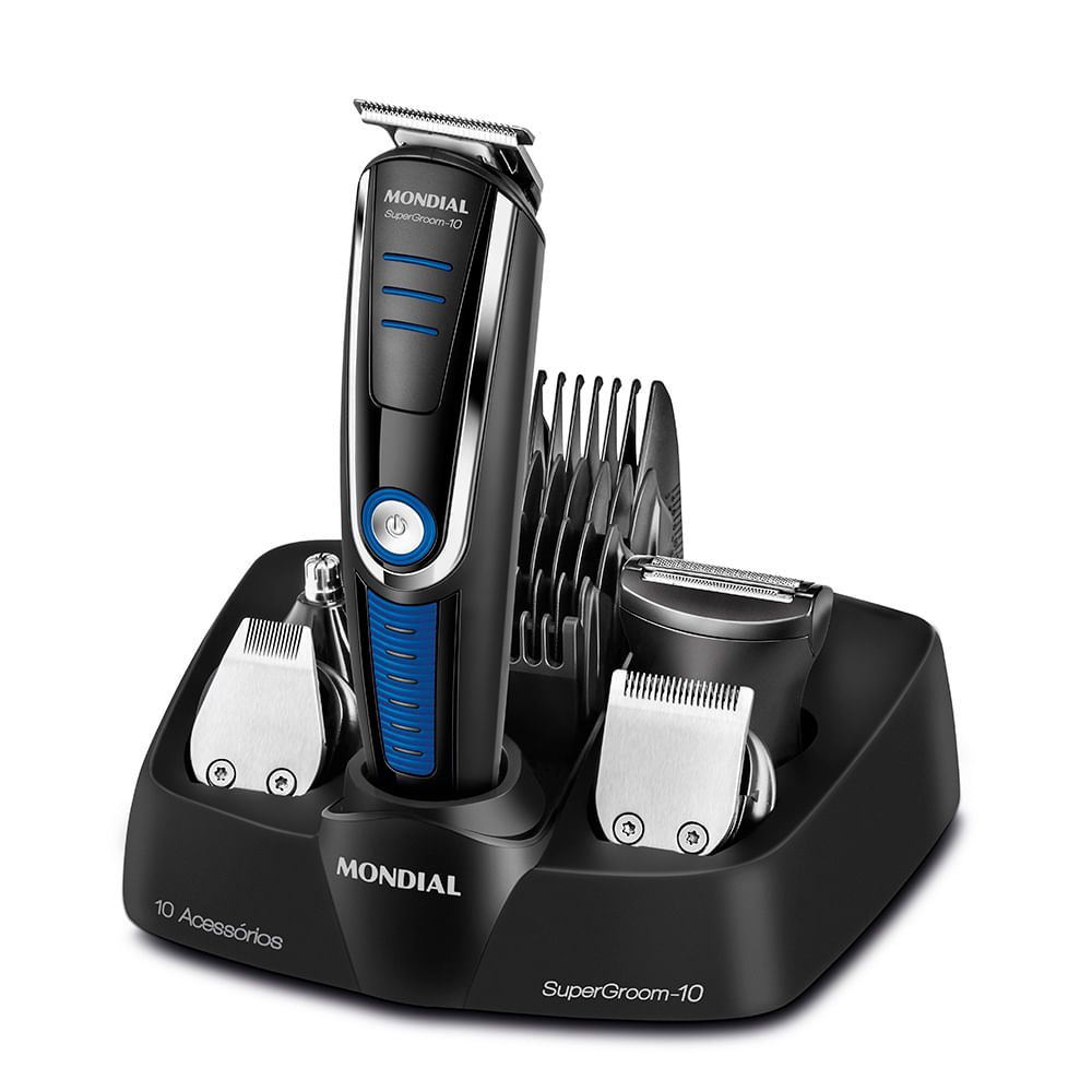 Aparador de Pelos Mondial SuperGroom BG-03 Preto/Azul - 10 Funções em 1, Bateria Recarregável, Lâminas de Aço Inox SEM F
