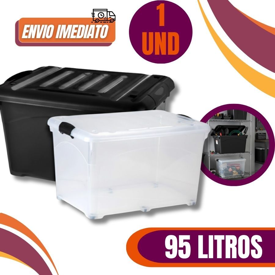 1 Caixa Organizadora Preta/Transparente com Tampa 95 Litros Resistente Multiuso em Oferta na Shopee