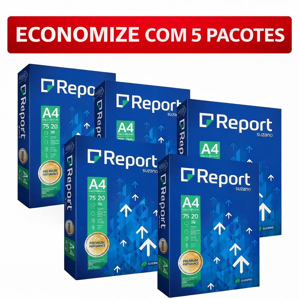 Kit com 5 Pacotes Papel Sulfite Report A4 210x297 mm 75g Branco Pacote com 500 Folhas