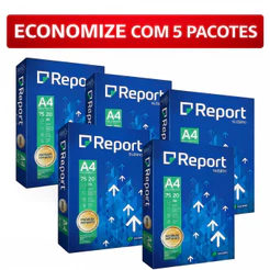 Kit com 5 Pacotes Papel Sulfite Report A4 210x297 mm 75g Branco Pacote com 500 Folhas