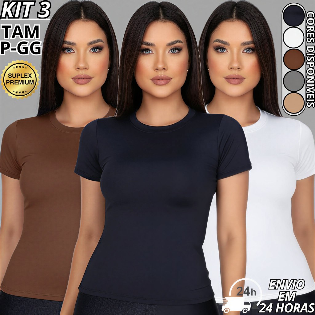 Kit 3 Blusa Feminina Suplex Premium Academia dia a dia Blusinha básica Manguinha