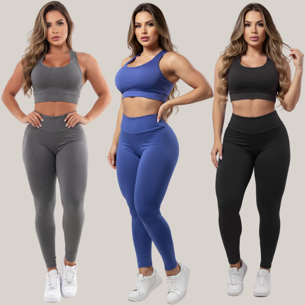 Kit 3 Conjuntos Calça Legging E Top Fitness Roupas Femininas Para Academia Suplex A01 — imagem 1
