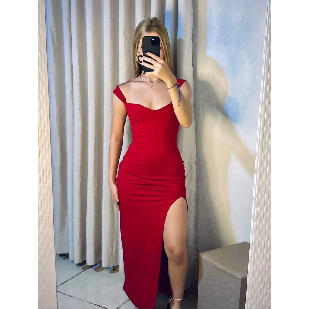 Vestido Gringa Mídi Alcinha Com Fenda Tecido Suplex Sem bojo Colado em Oferta na Shopee