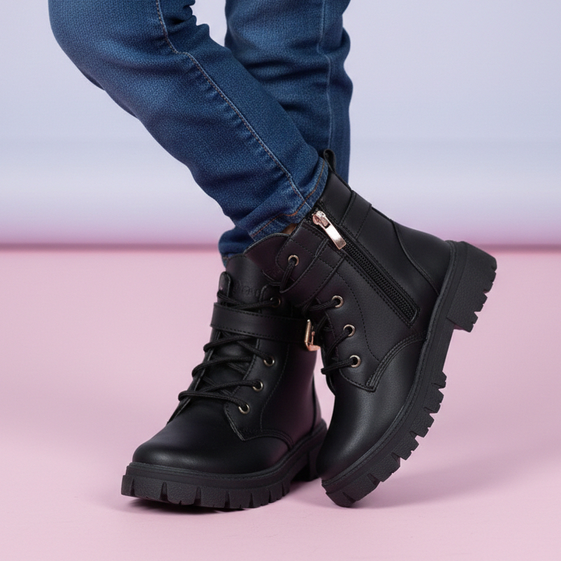 Coturno Bota Infantil Menina Cano Alto Preta Para O frio Feminino Com Fivela E Zíper