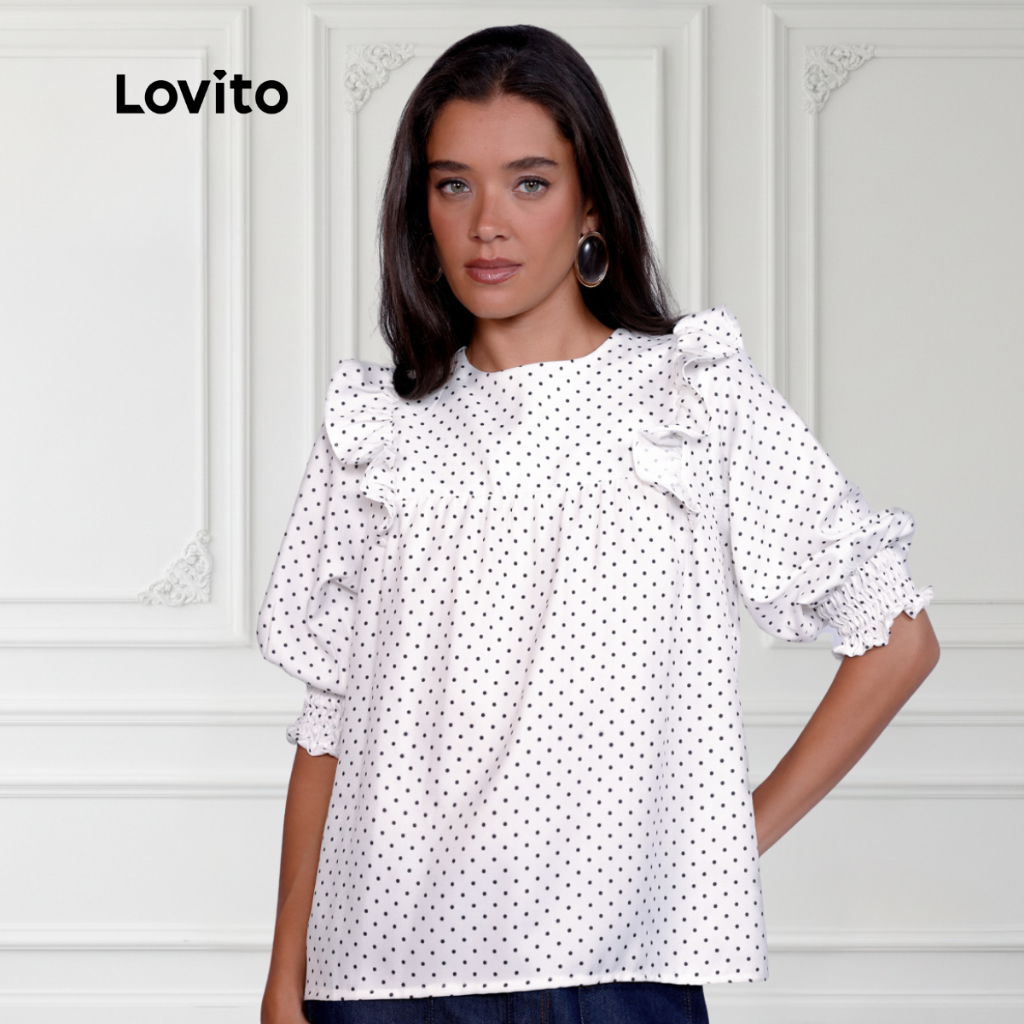 Lovito Blusa Elegante Manga Bufante Babado Moda Modesta Poá Feminino BRBLB366BRL395 em Oferta na Shopee