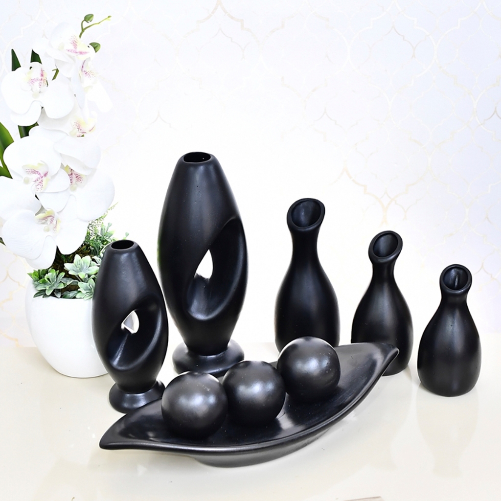 Enfeite rack aparador sala vaso ceramica moderno vasinho decorativo conjunto 3 kit trio garrafa