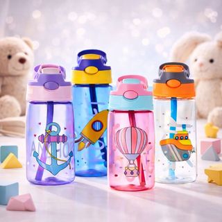 Garrafinha Infantil Squeeze Com Canudo Flip Menino Menina Com Adesivo Sortidos 480 ml Escola