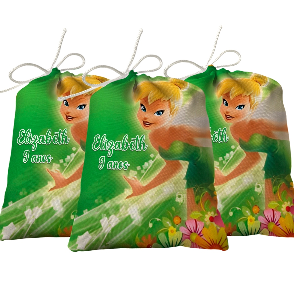 Sacolinha Lembrancinha Festa Aniversário Surpresa Tecido Personalizado Sininho Fada Tinkerbell