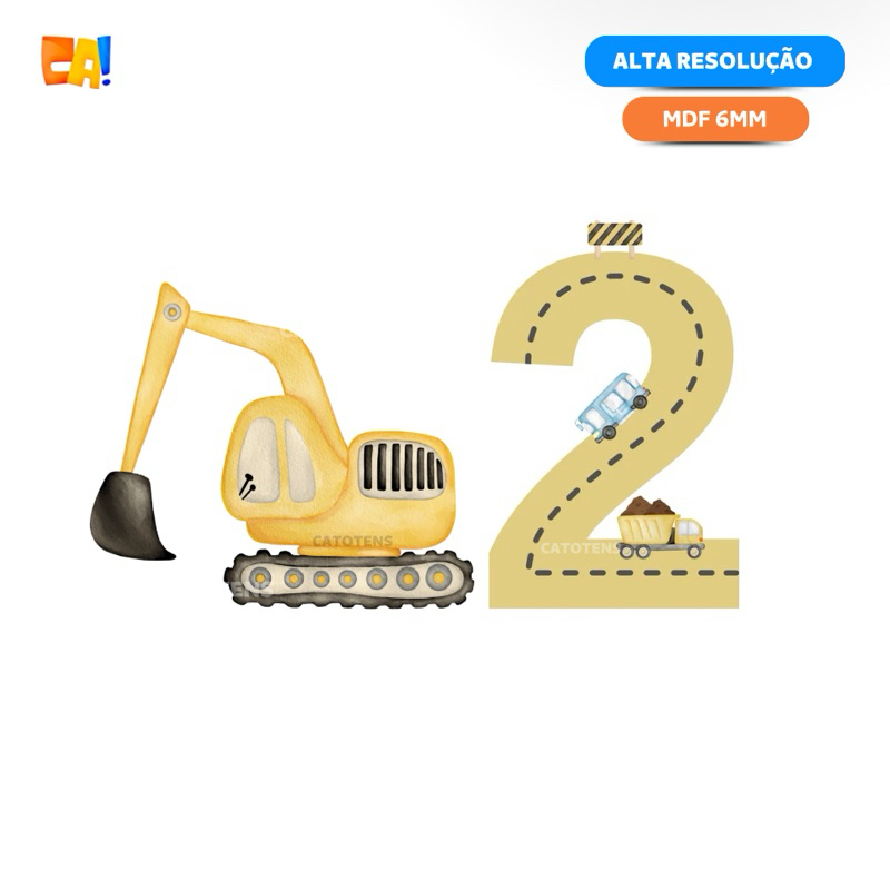 Kit 2 Displays de chão MDF 6mm Escavadeira aquarela e número 2 amarelo trator, ônibus