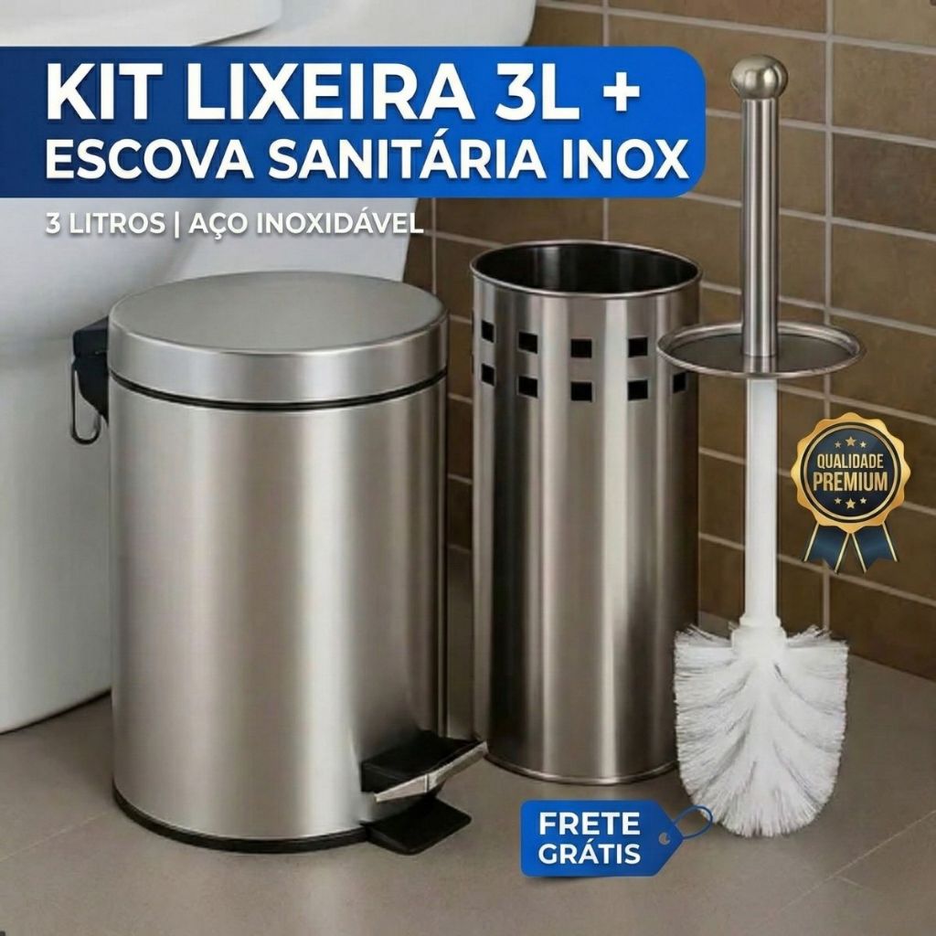Kit Escova Sanitária + Lixinho Inox 3 Litros para Banheiro Cesto de Lixo Pedal Interno Removível