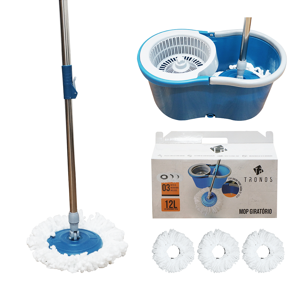Esfregão Mop Giratório 360 Tronos Balde 12L Limpeza Profissional com 3 Refis Microfibra