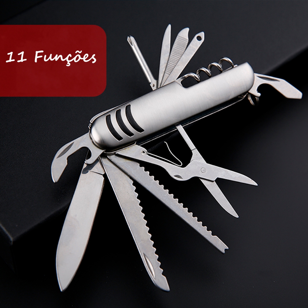 Canivete 11 Funções Inox Multifuncional Camping Pesca Suíço Chaveiro Compacto
