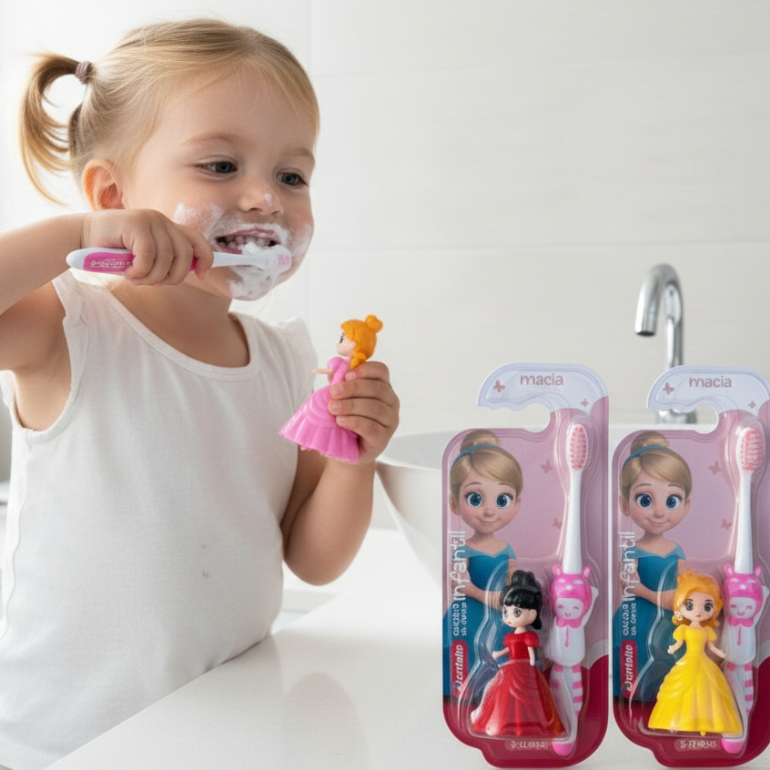 Escova de Dente Infantil Princesas Cores Sortidas Cerdas Macias, Higiene Bucal para Crianças em Oferta na Shopee