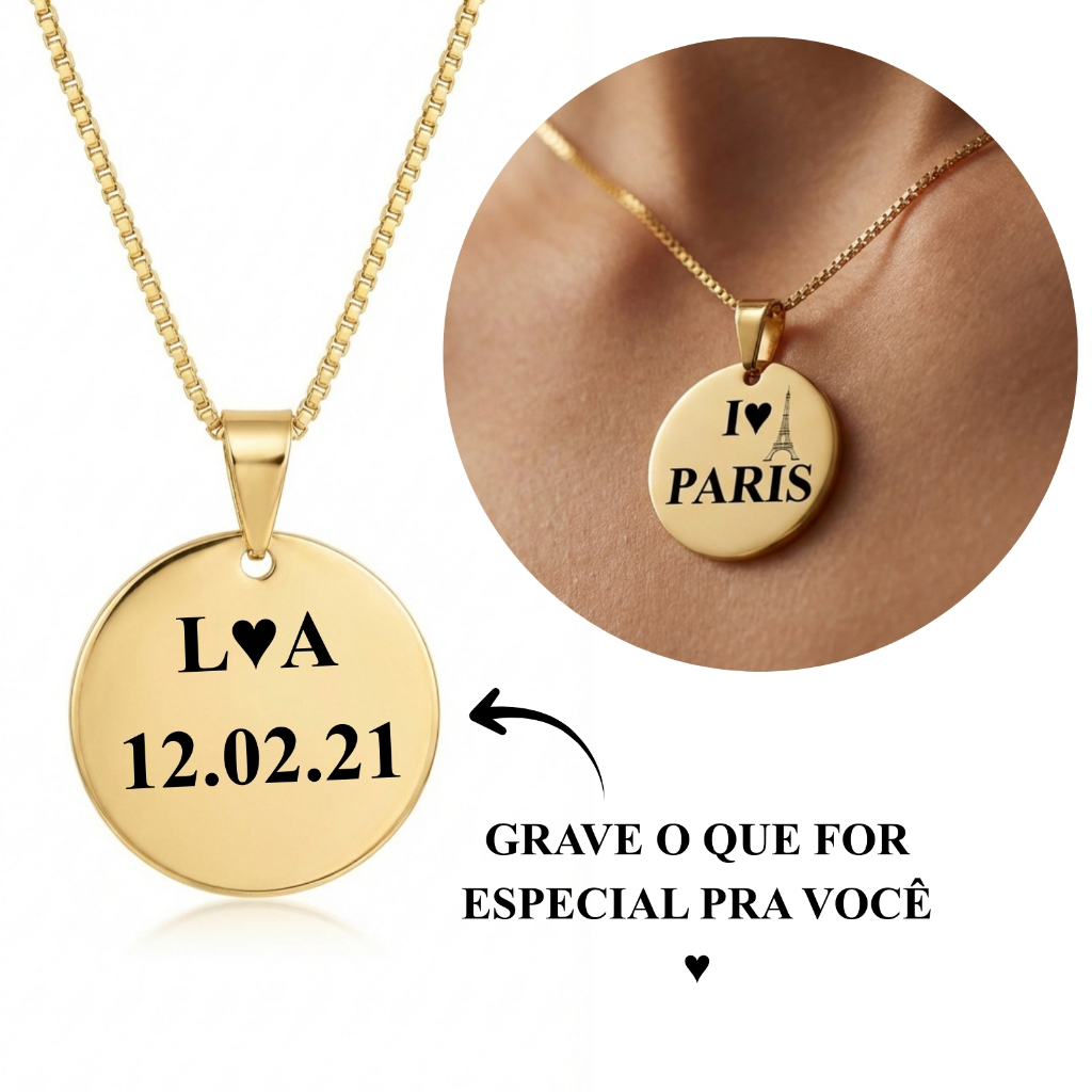 [ SEMI JOIA ] Colar Personalizado Gravação Feminino Nome Simbolos Foto Escrita Data Ouro18k Anti Alérgico PresenteNamor