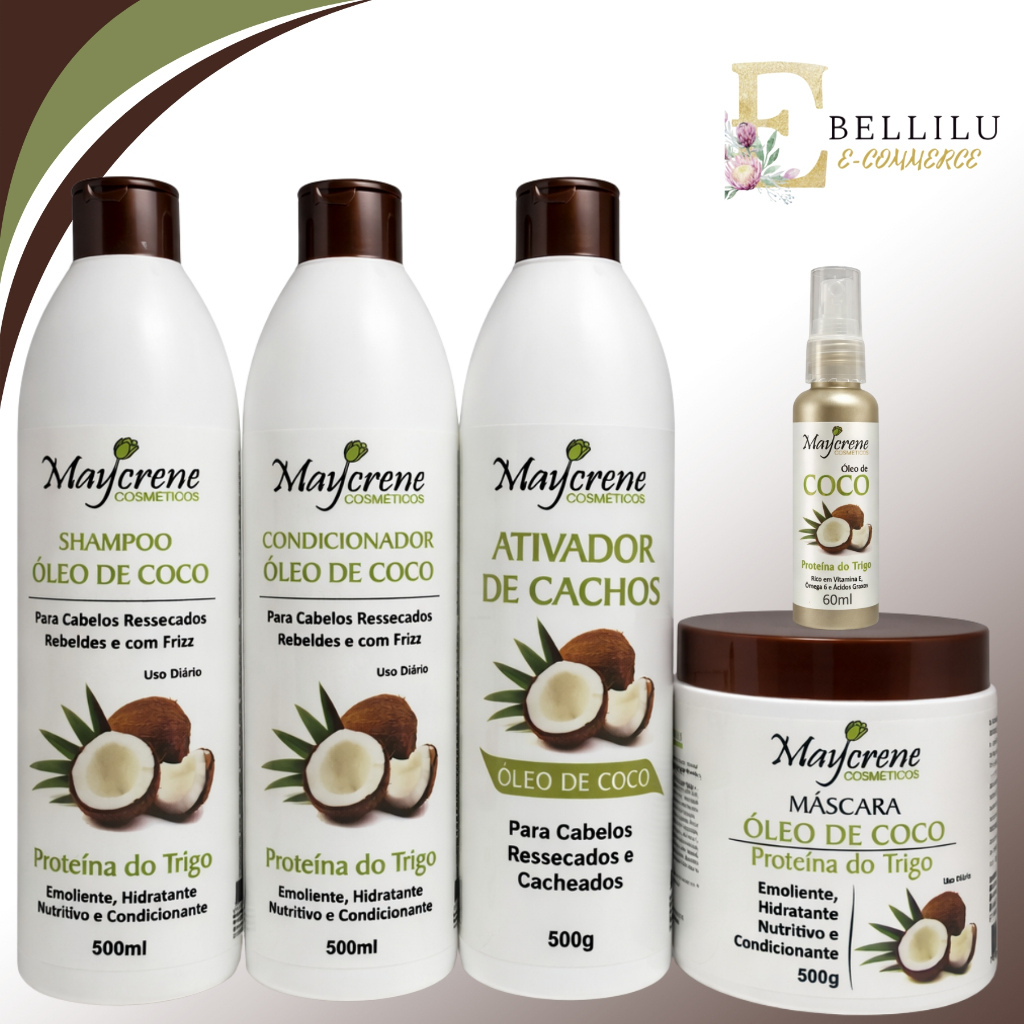 Kit Cachos Nutrição Completa Maycrene(Shamp+Cond+Masc+Ativador Cachos+ Reparador oleo de coco 60ml)