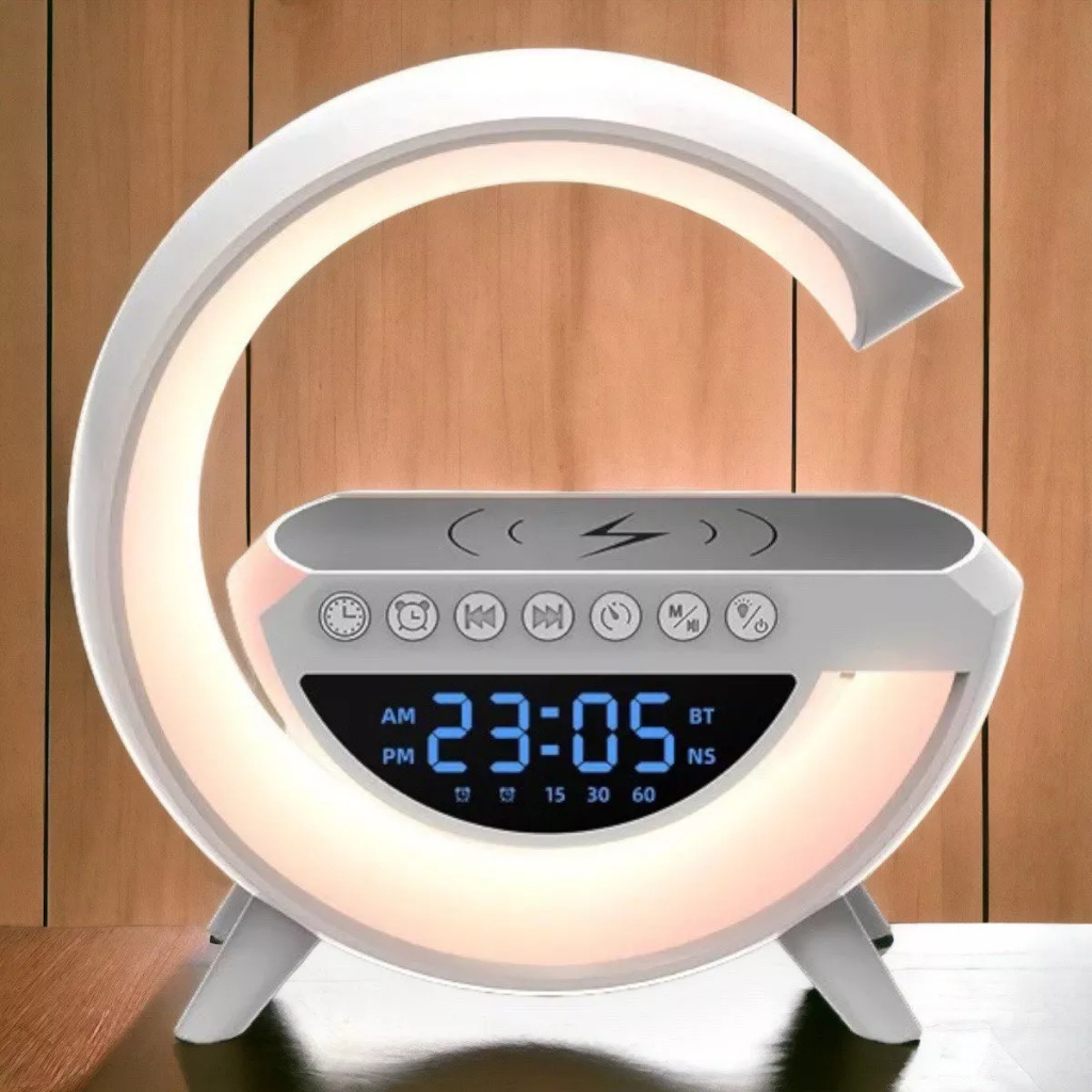 Mini Caxinha de Som G -Speaker Com Relógio Luminária Bluetooth Carregador Sem Fio Led Luz Rgb COM RELÓGIO