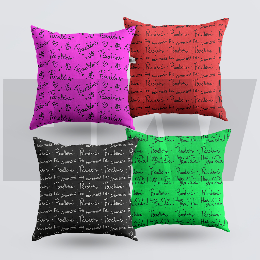 Kit 4 Capas de Almofada Parabéns Feliz Aniversário Coloridas Pink Verde Preto G82