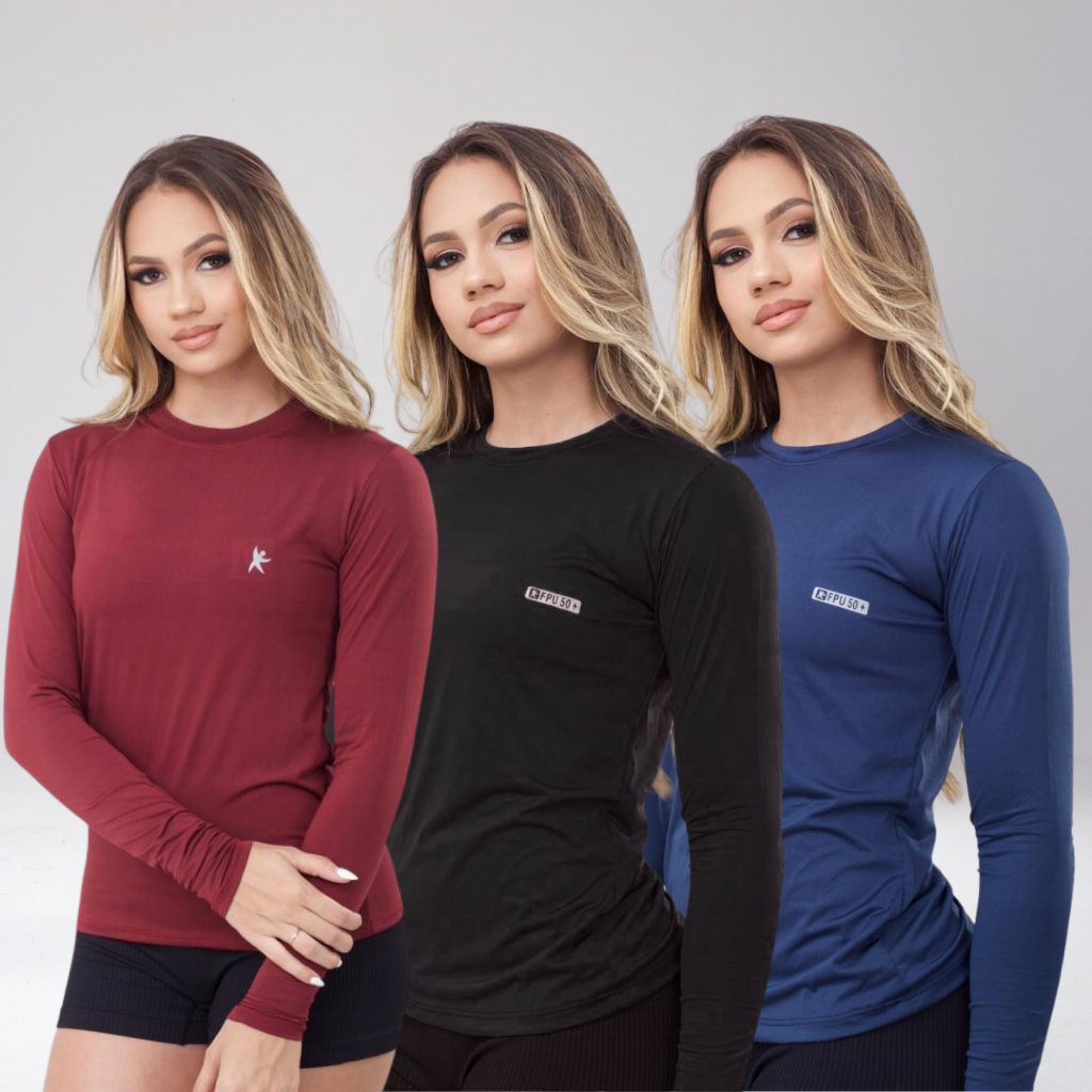 kIT 3 Camisa Térmica Feminina Proteção Uv 50+ Segunda Pele Camiseta Malha Fria Manga Longa UV