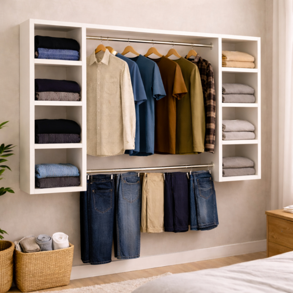 Kit Closet Aberto com Estantes Laterais e Duplo Suportes para Cabides Organizador de Roupas