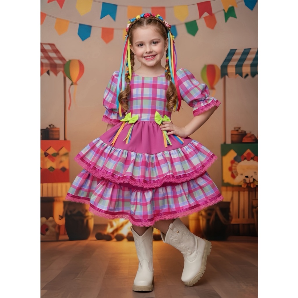 Vestido Infantil Festa Junina Xadrez Laços Rosa Pink Amarelo Babados Caipira Junino Quadrilha Sinhá