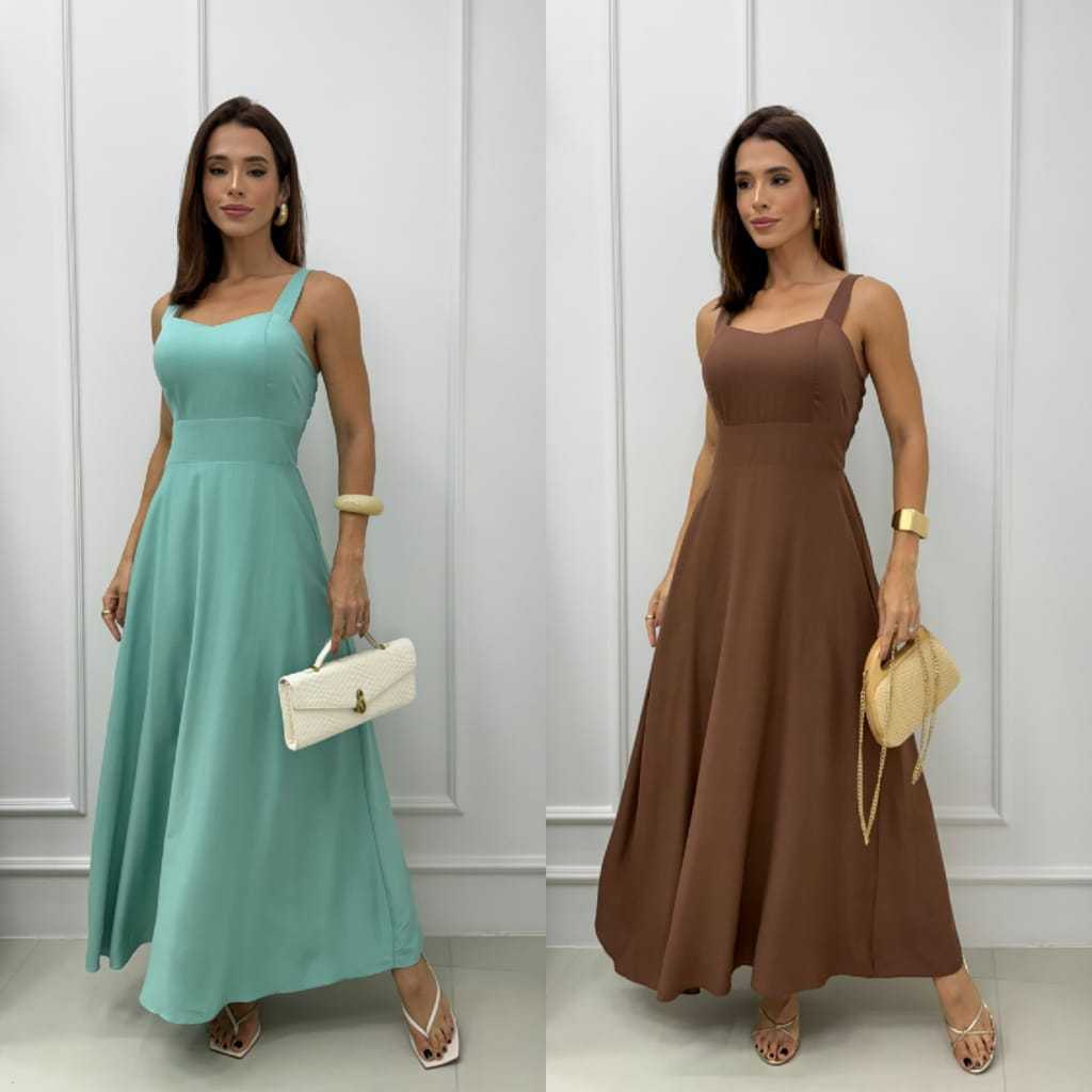 vestido feminino longo liso com bojo alça ajustável